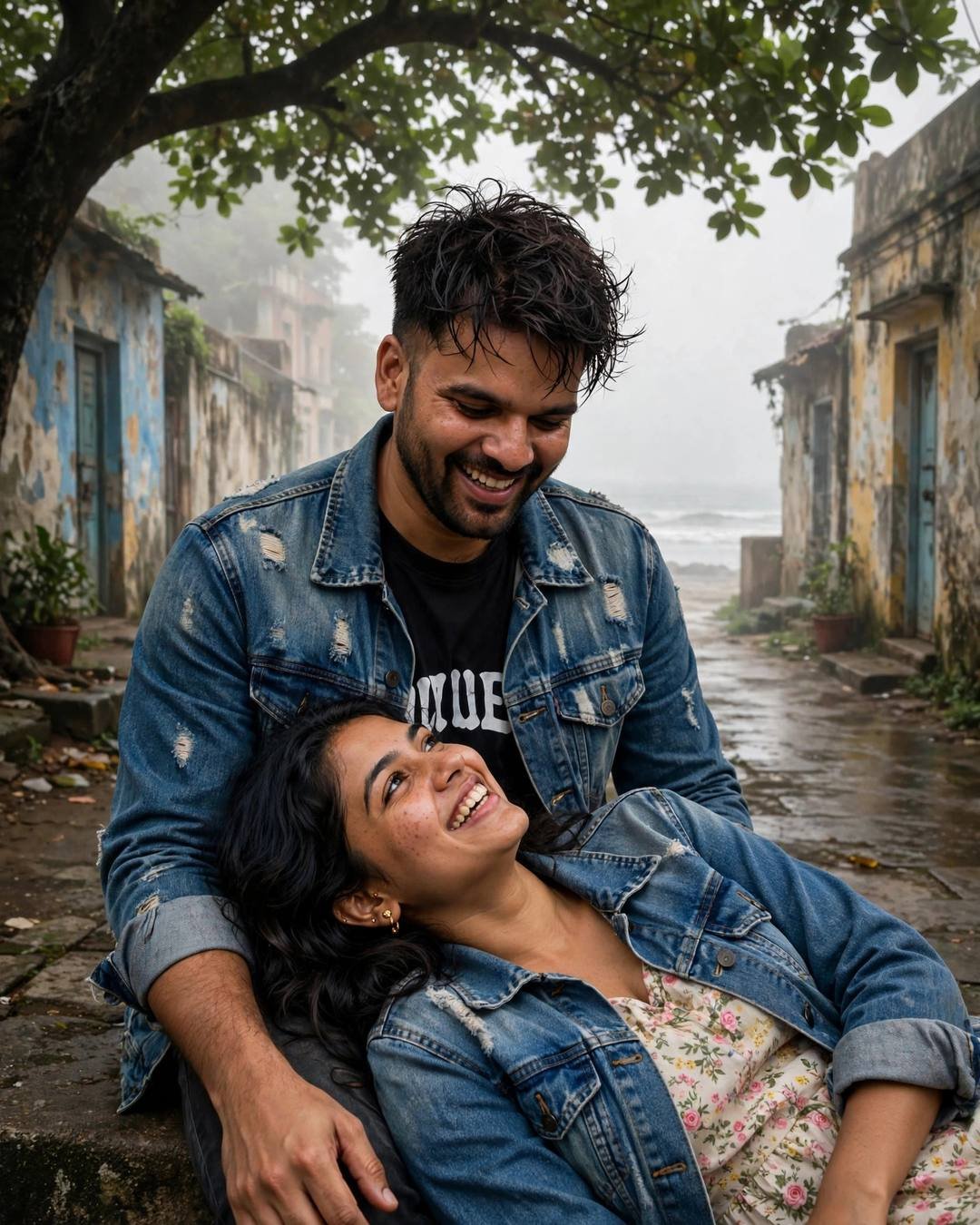 Laughing young Indian couple in denim jackets sitting under a tree, her head resting in his lap