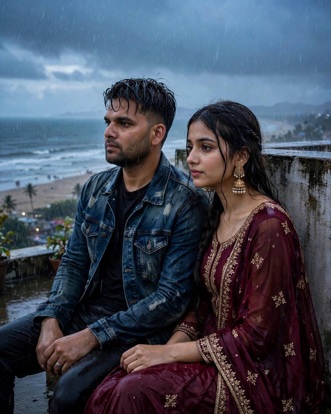 Young Indian couple sitting side by side on a rooftop ledge above a rainy beach, man in denim jacket, woman in maroon anarkali