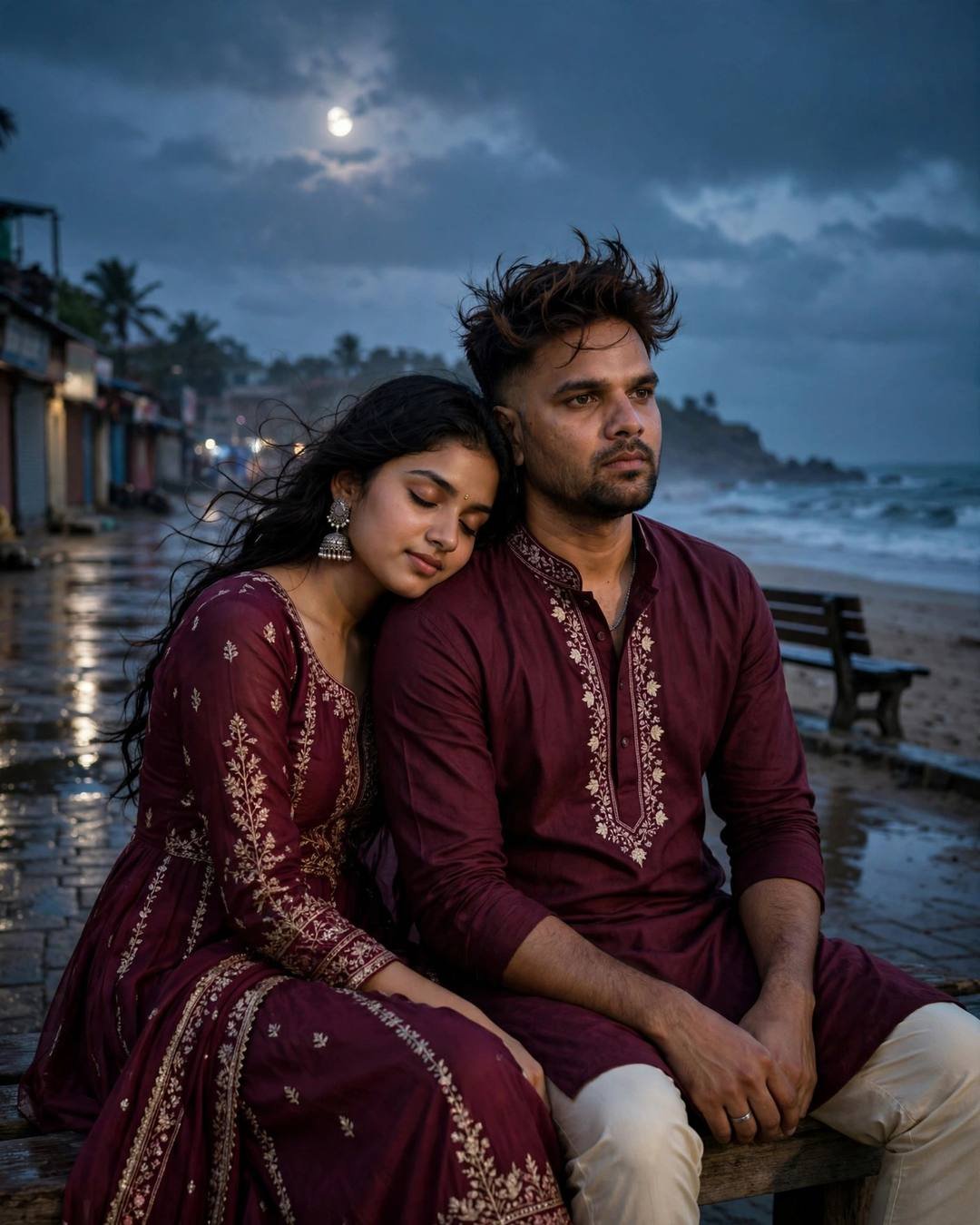 Young Indian couple in matching maroon sitting on a beach bench at night, her head resting on his shoulder, moon over the sea