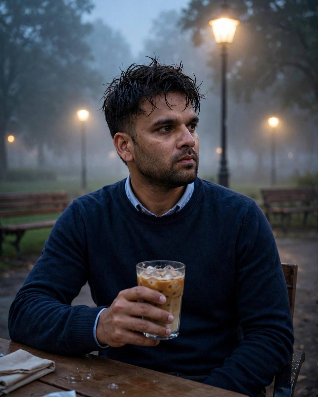 Young Indian man in navy sweater holding an iced coffee at a park bench in fog under a streetlamp