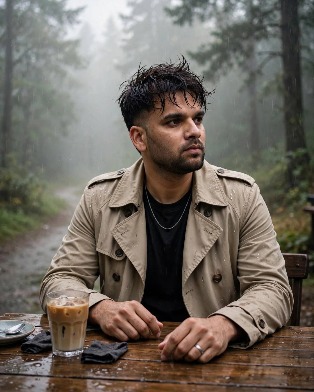 Young Indian man in beige trench coat with an iced coffee at a wooden table on a misty forest path