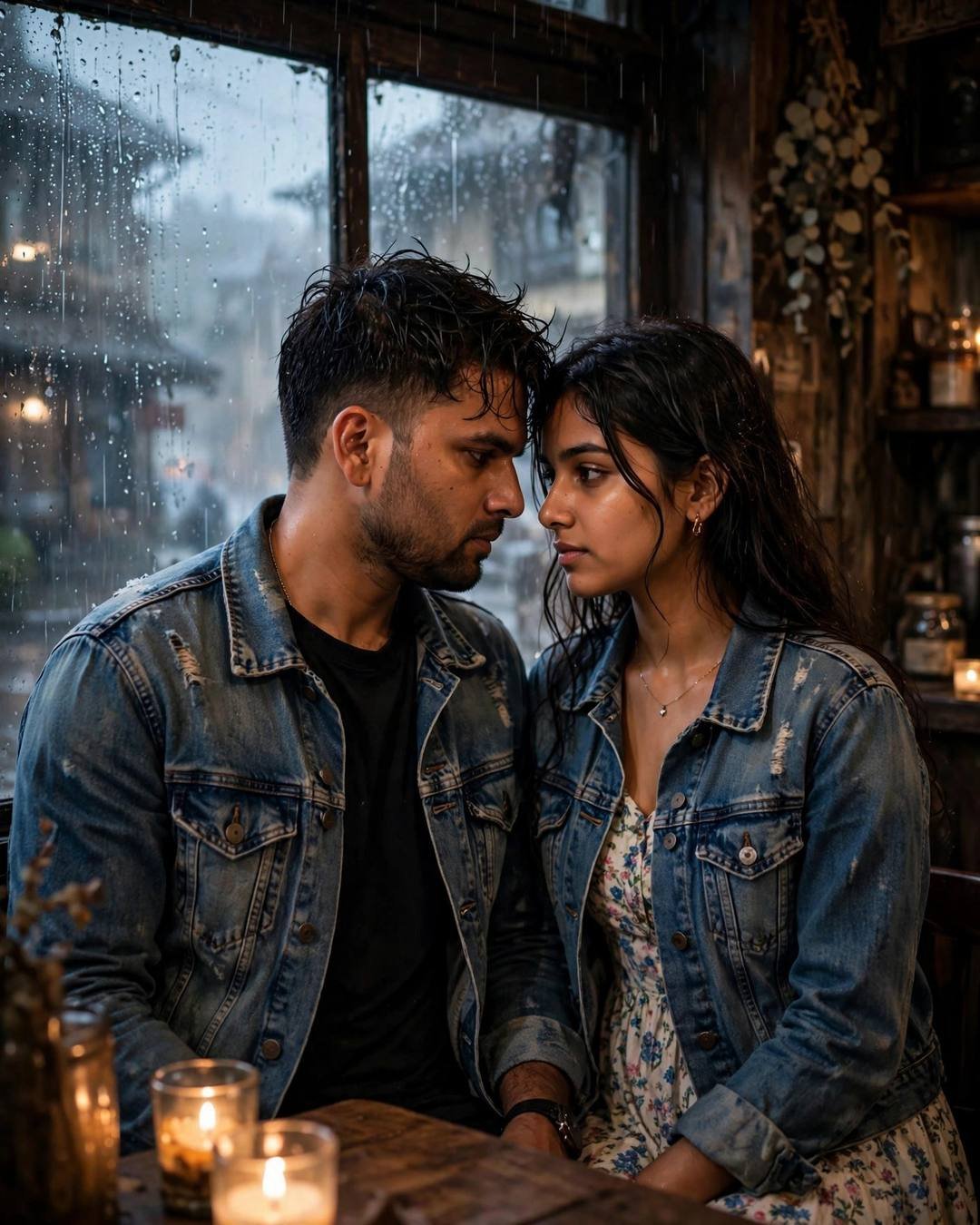 Couple face to face, foreheads almost touching, in a candlelit cafe with a rain-fogged window