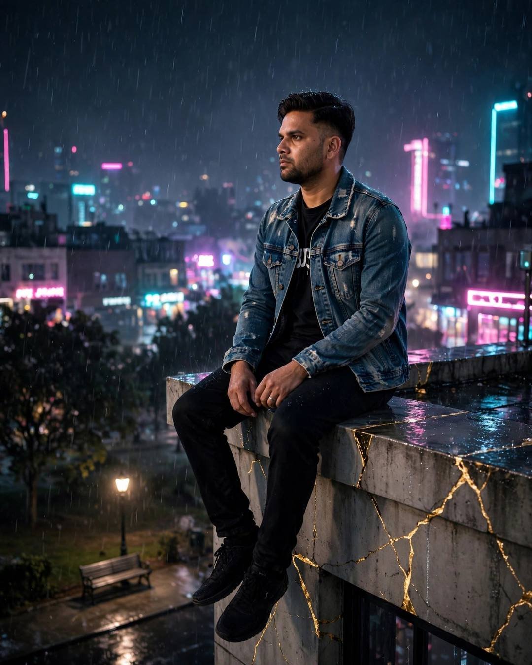 Man in a distressed denim jacket sitting on a rooftop ledge at midnight with legs dangling over a neon-lit city in light rain