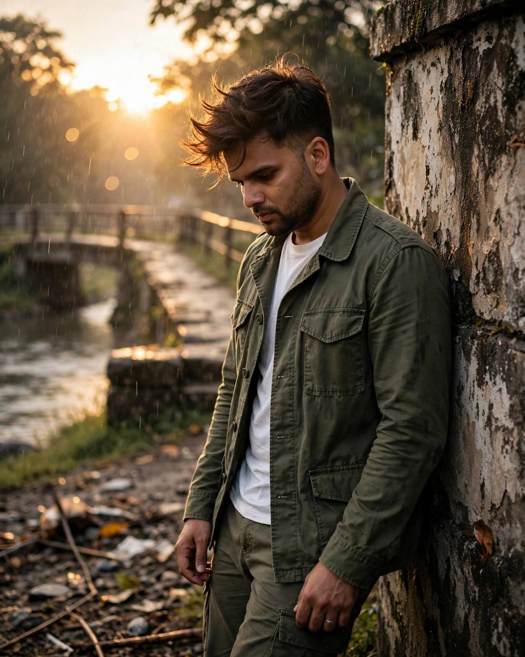 Young Indian man in an olive field jacket leaning against a weathered wall by a river at golden hour, head bowed