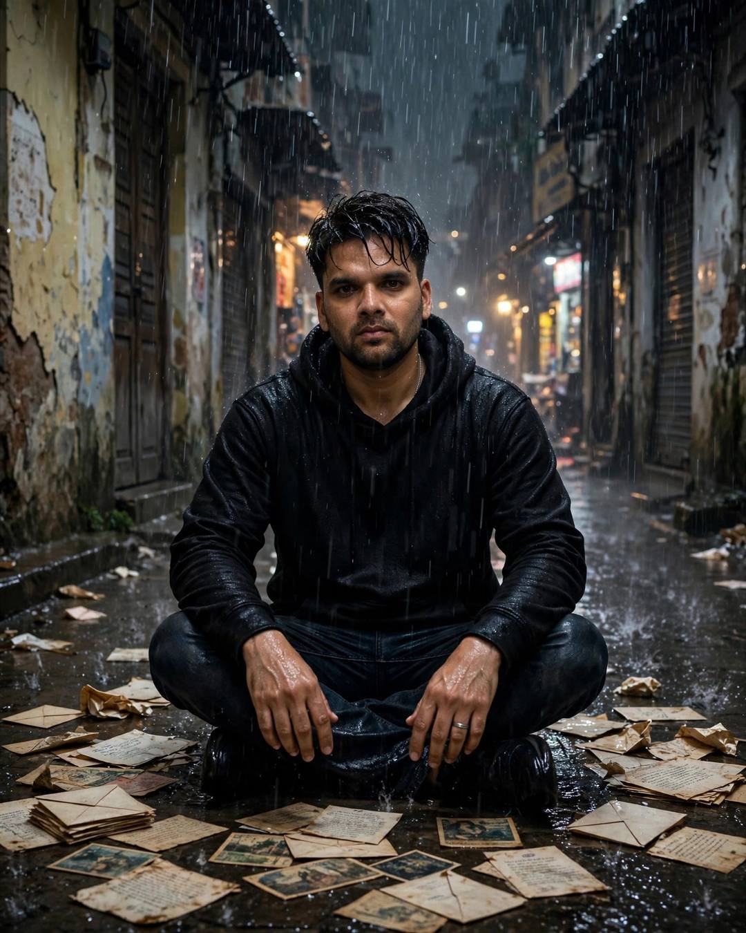 Young Indian man in a black hoodie sitting cross-legged among old letters in a rainy old-city lane at midnight