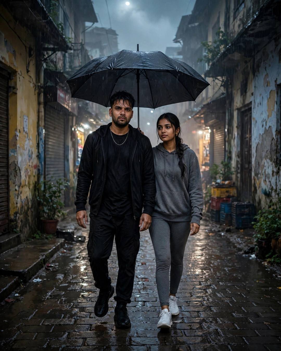 Young Indian couple walking under one black umbrella down a foggy old-city lane in the rain
