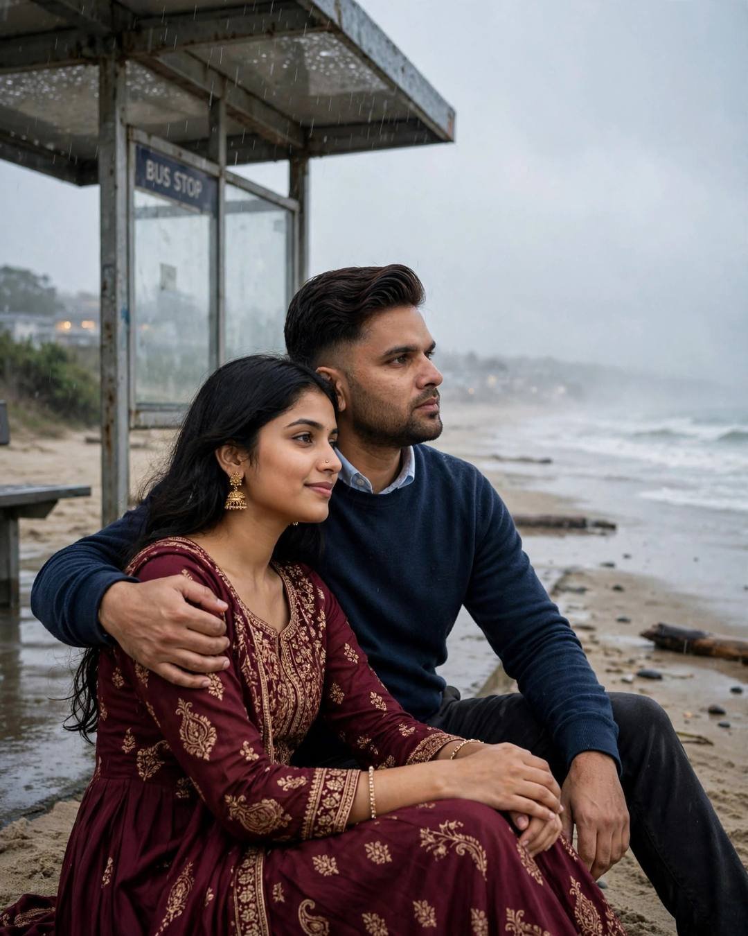 Young Indian couple sitting at a rainy bus stop by the beach, his arm around her, woman in maroon anarkali