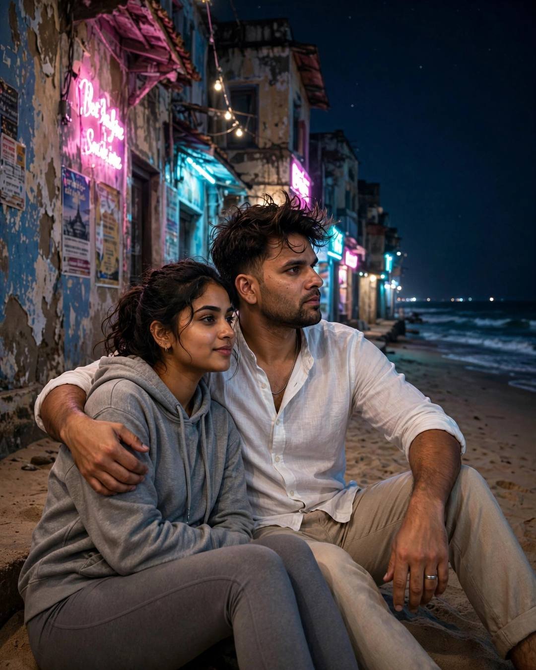 Young Indian couple sitting close on a beach at night, his arm around her, neon signs reflecting on wet sand