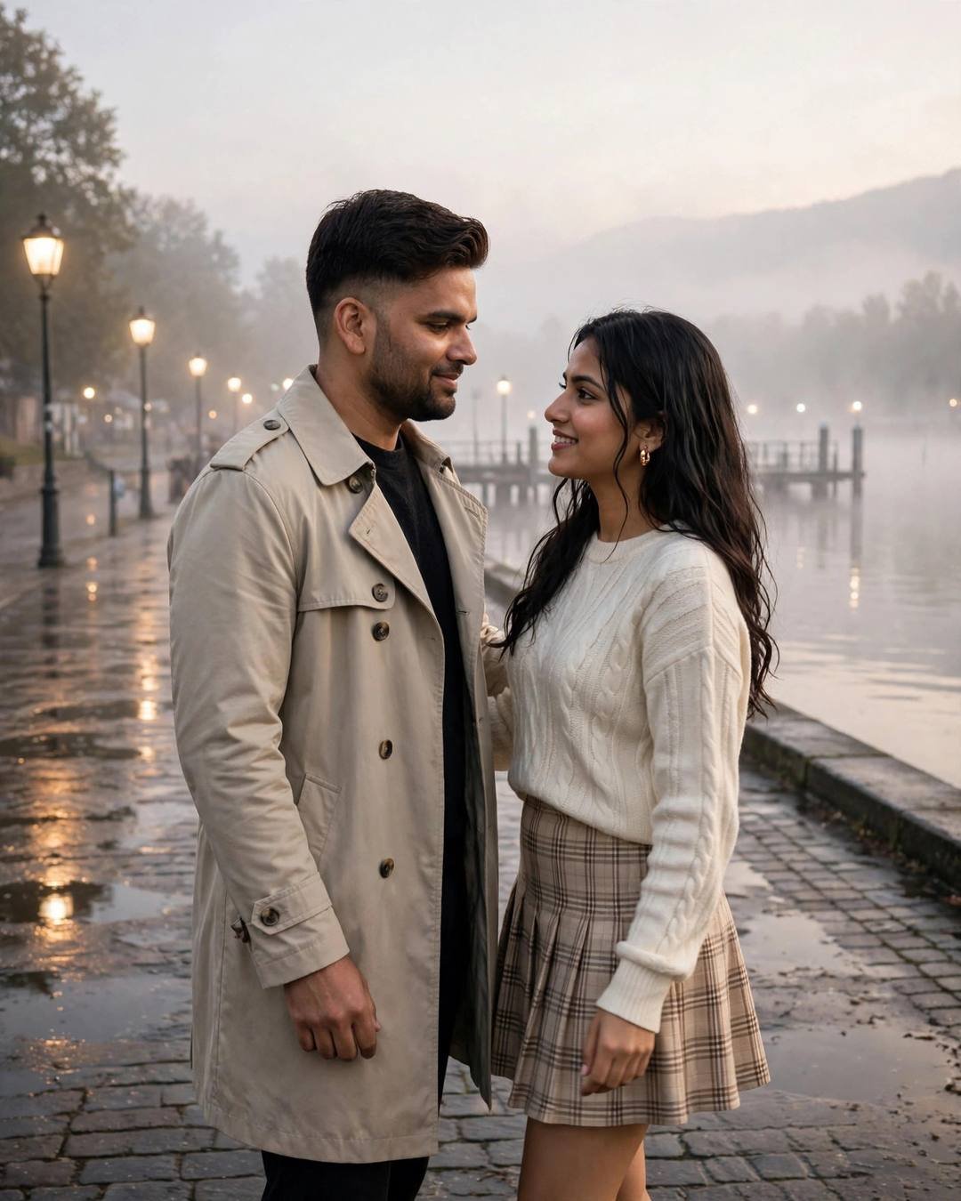 Young Indian couple facing each other on a foggy riverside promenade at dawn, streetlamps glowing through mist