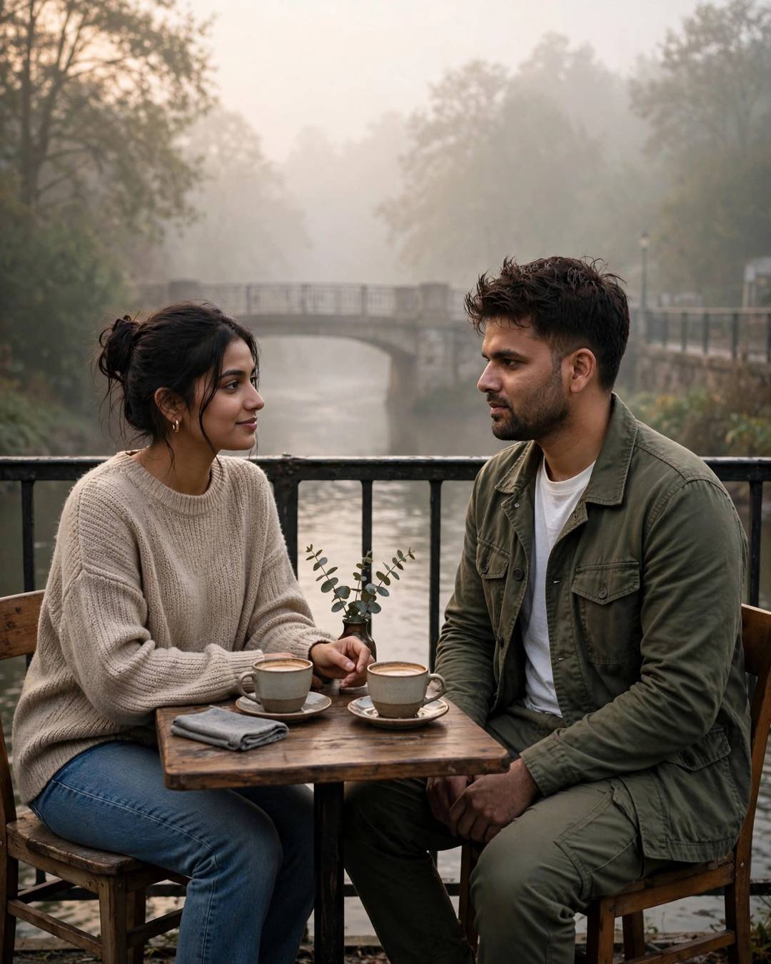 Young Indian couple sharing coffee at a small table on a foggy riverside terrace, old bridge in mist behind