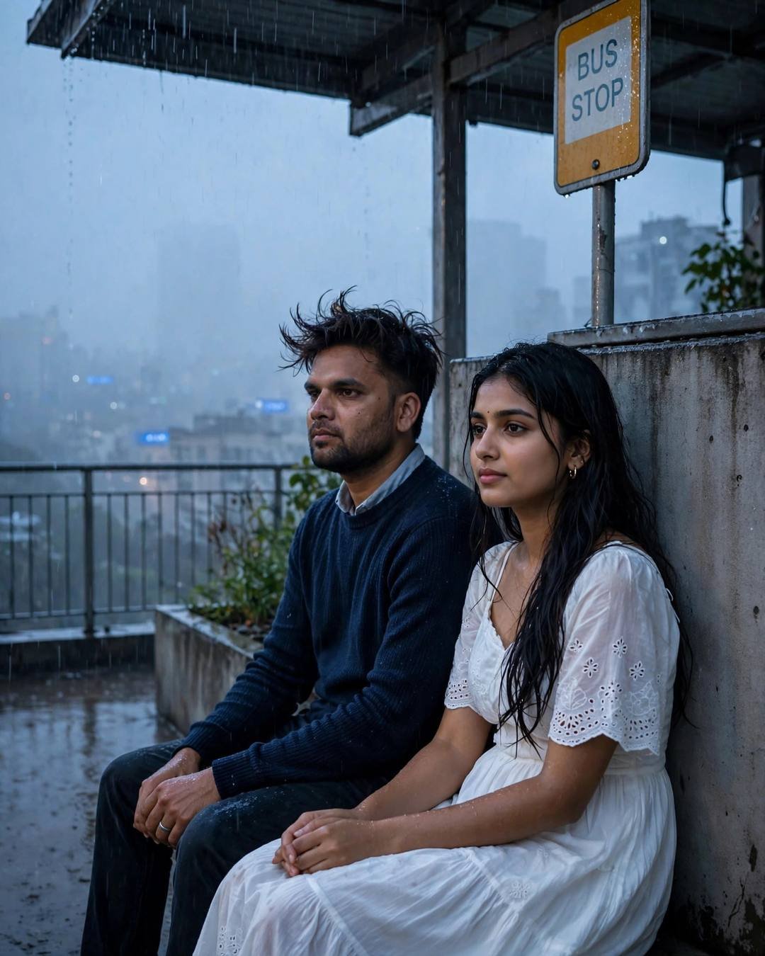 Young Indian couple sitting side by side at a rainy bus stop shelter at blue hour, city blurred behind