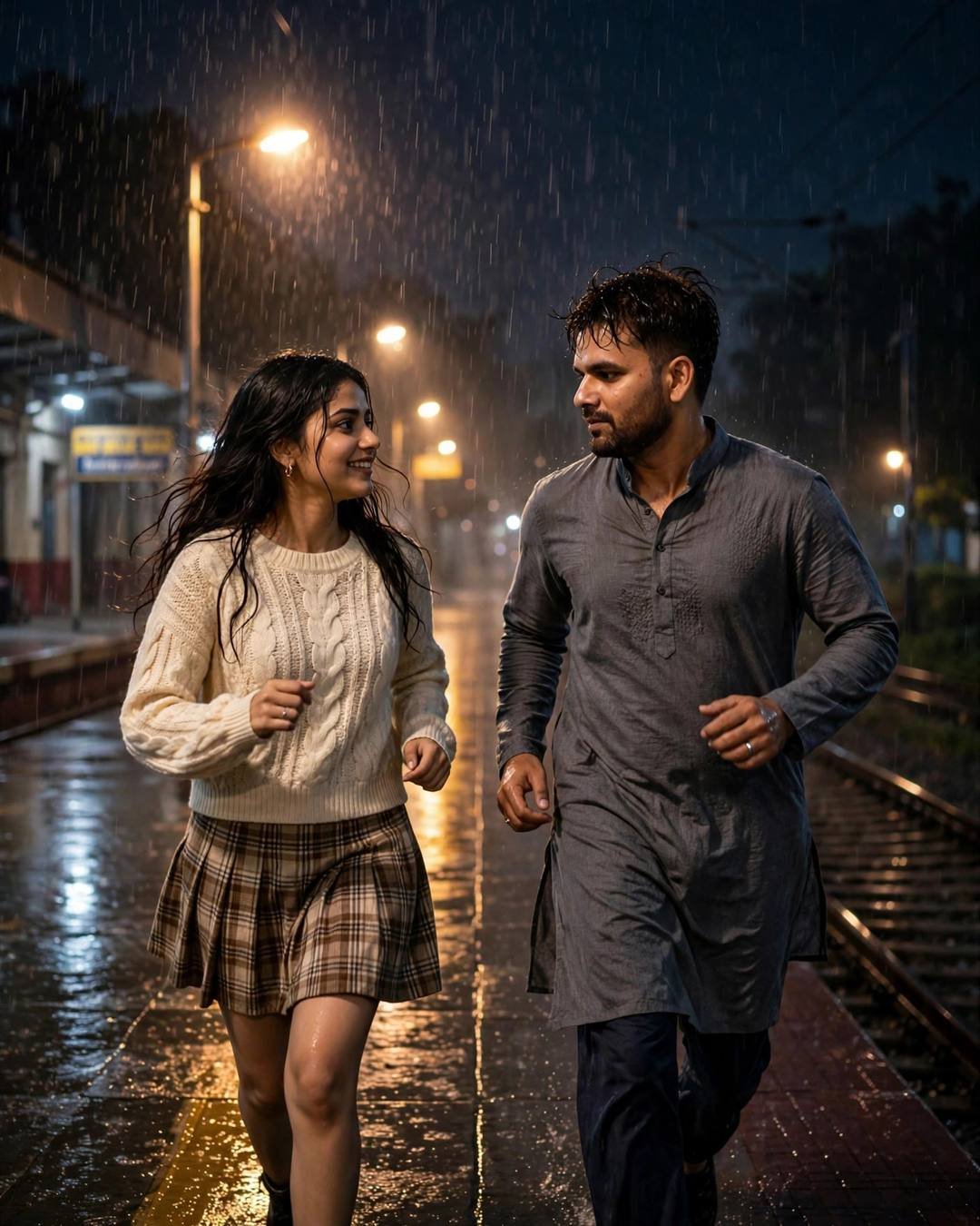Young Indian couple running and laughing on a rainy railway platform at night, golden streetlamps