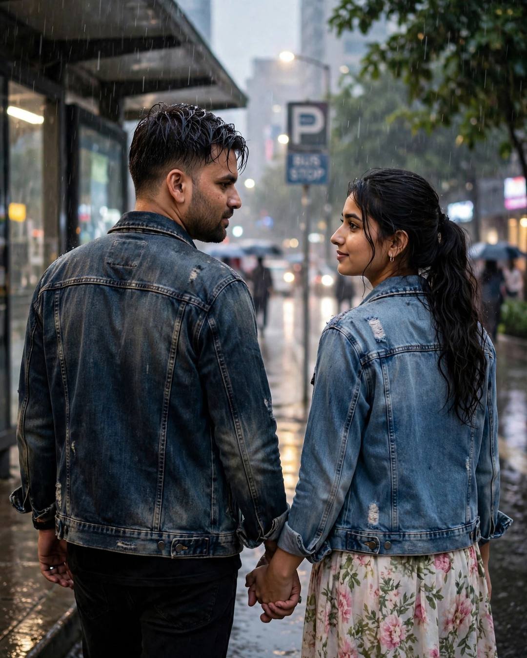 Young Indian couple walking hand in hand down a rainy street seen from behind, faces in profile, soft smiles