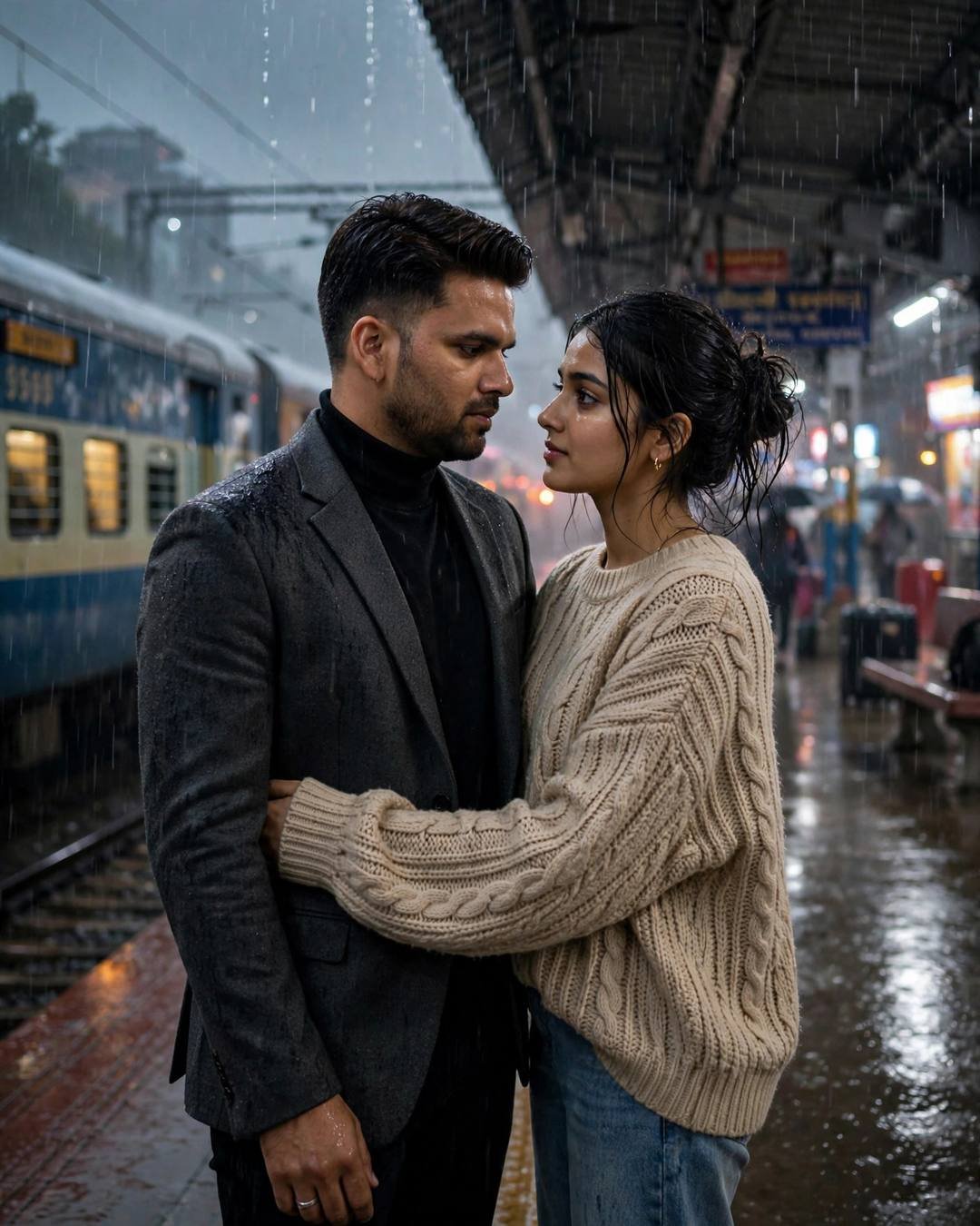 Young Indian couple embracing on a rainy railway platform, train behind, monsoon rain, gazing into each other's eyes