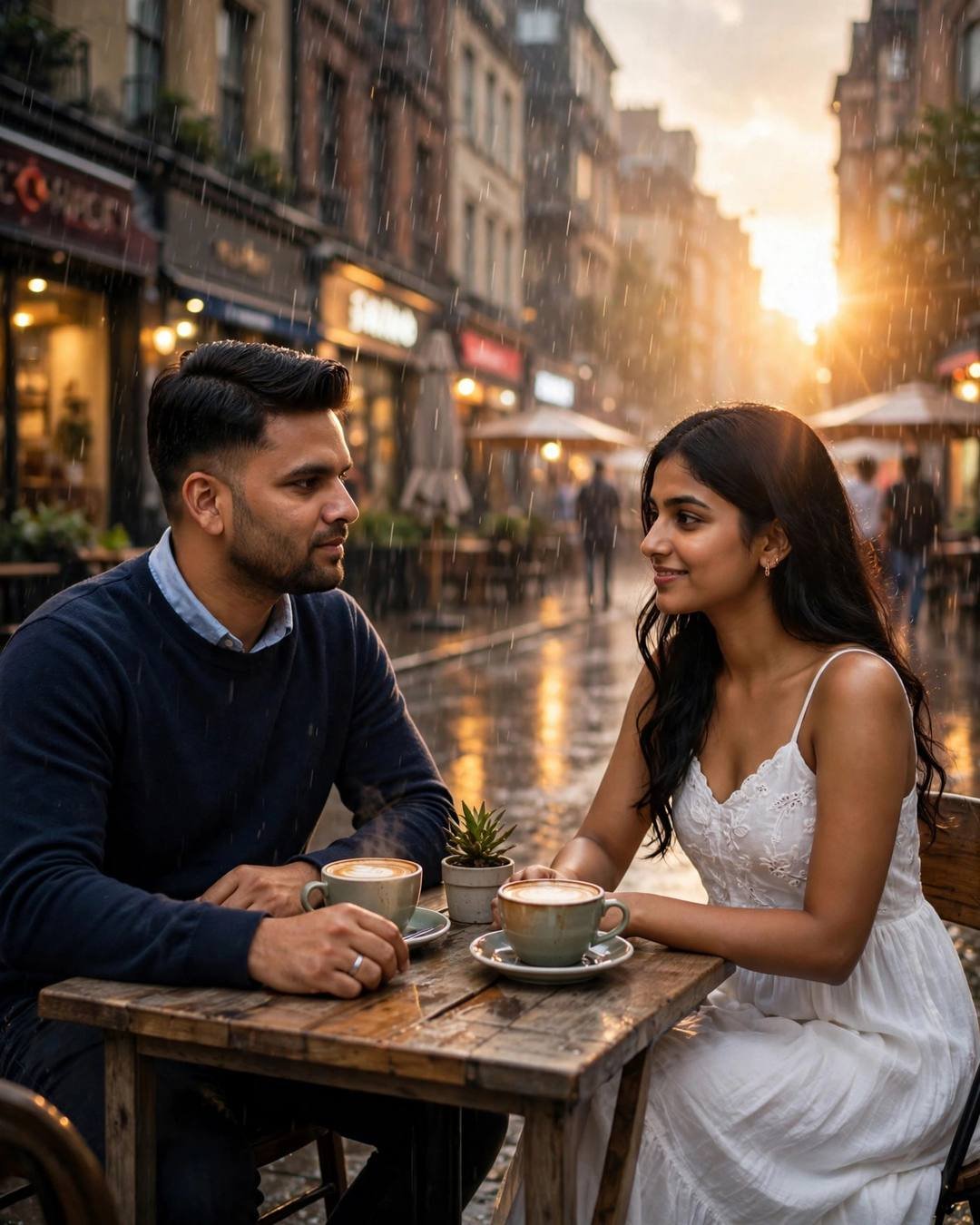Young Indian couple at a small table on a rainy city street, two coffees steaming, sun flaring through rain