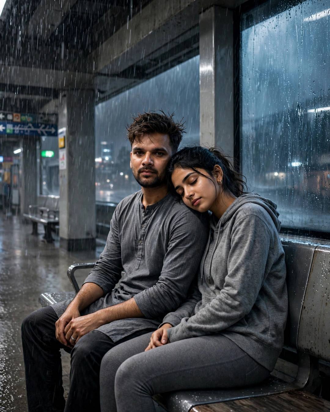 Young Indian couple sitting close on a rainy metro station bench, woman's head on man's shoulder, rain beyond glass