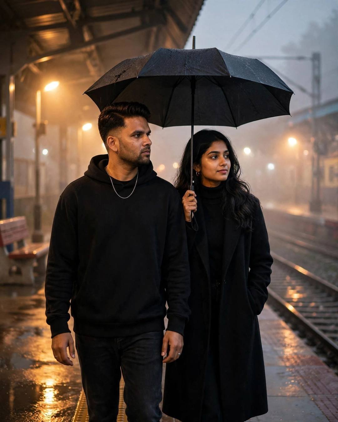 Young Indian couple walking under one umbrella on a foggy railway platform at night, sodium lamps glowing