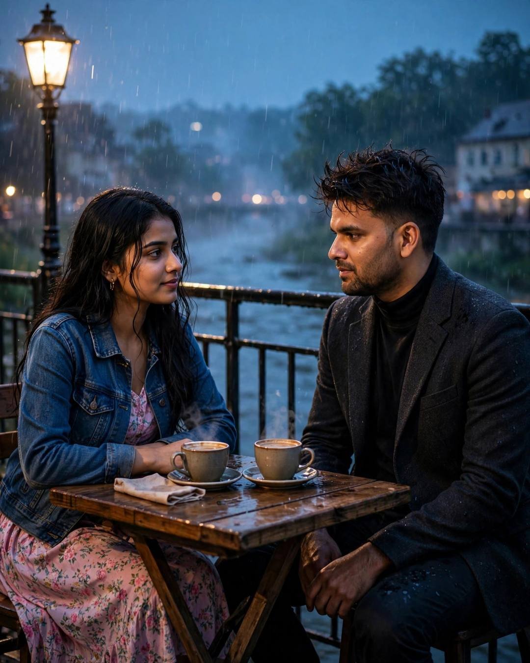 Young Indian couple at a small table on a rainy riverside terrace at blue hour, two steaming cups, vintage streetlamp