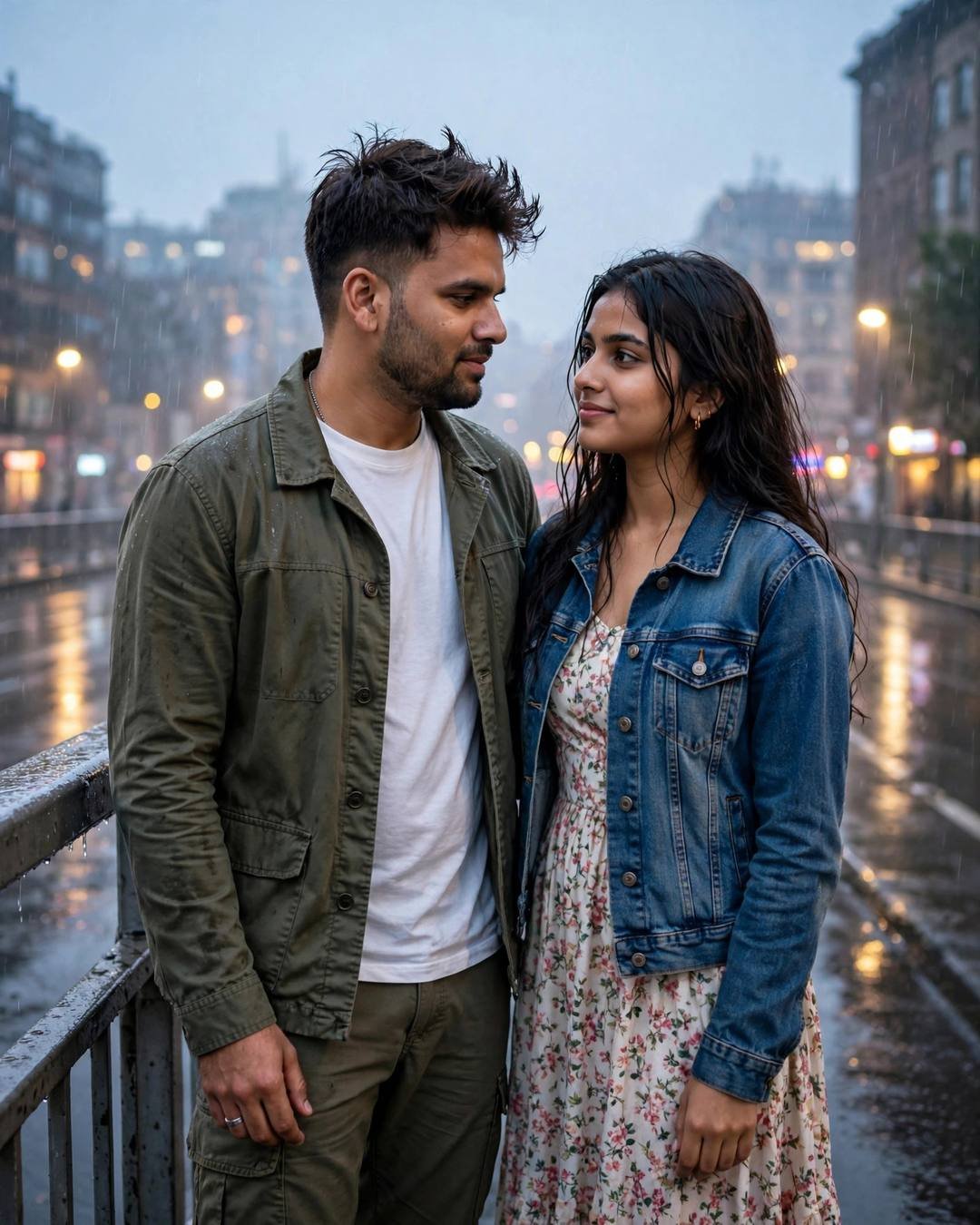 Young Indian couple facing each other on a rainy bridge at blue hour, city lights blurred behind