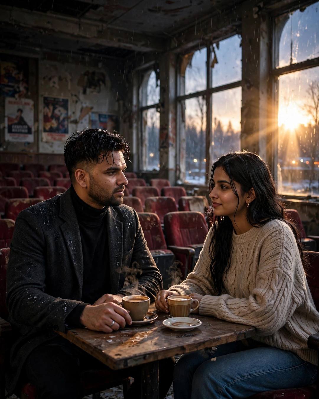 Young Indian couple at a small table in an abandoned cinema, two steaming cups, golden sunlight through tall windows
