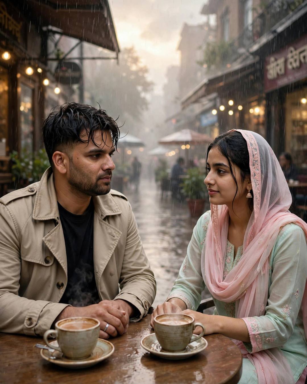 Young Indian couple at a small street cafe table in the rain, hands almost touching over coffee cups