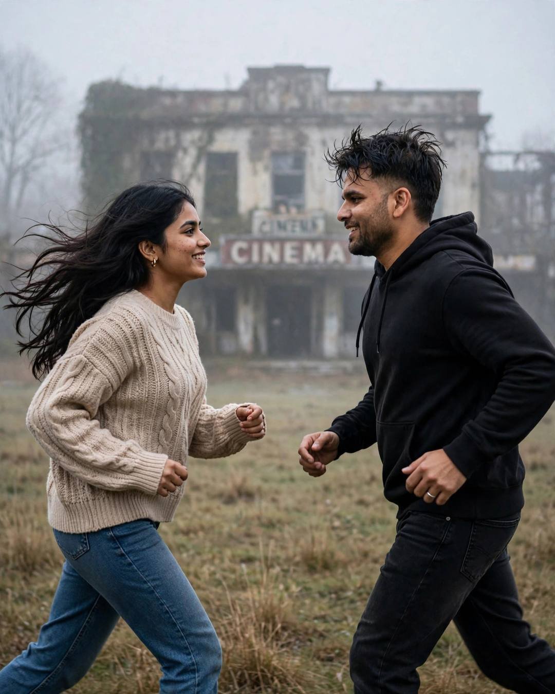 Young Indian couple running toward each other laughing in front of an abandoned cinema hall in the rain