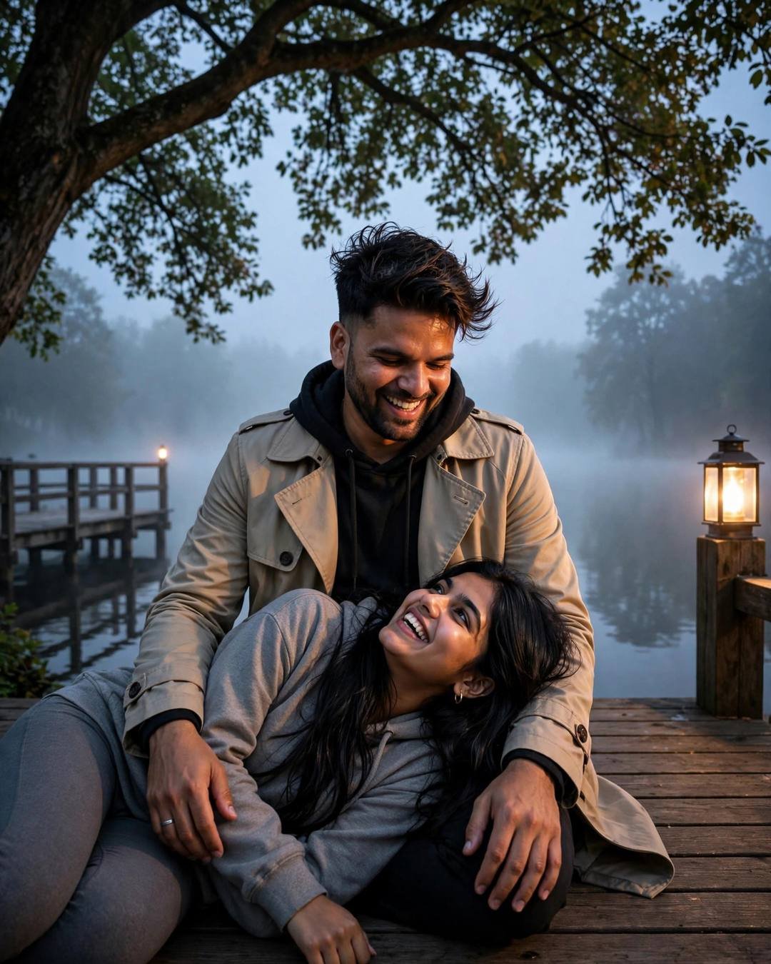 Young Indian couple laughing on a foggy lake pier at midnight, her head in his lap, single lamp glowing