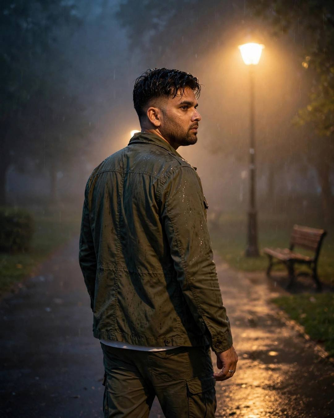 Young Indian man in olive field jacket walking a rain-wet park path under a lone amber streetlamp at night
