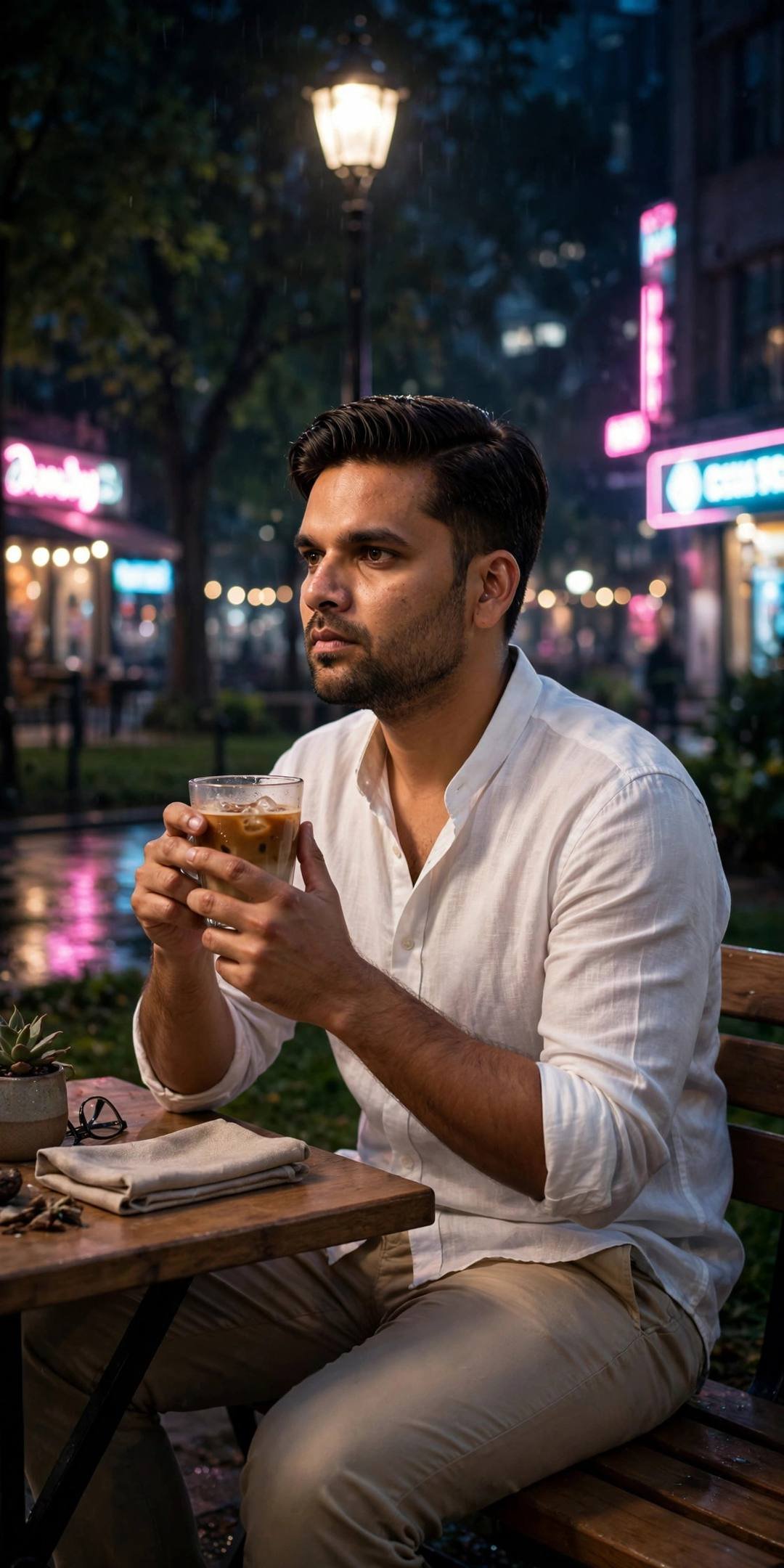 Young Indian man in white linen shirt holding an iced coffee at an outdoor cafe at night with neon signs