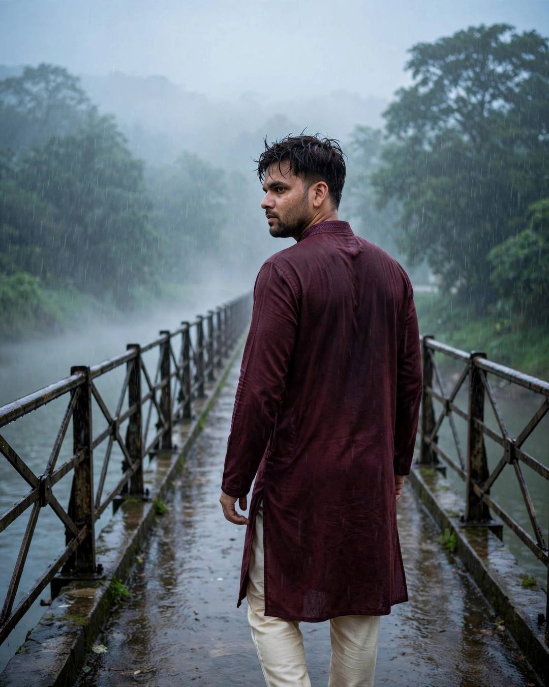 Young Indian man in maroon kurta walking away on a rain-wet bridge over a river in blue-hour fog