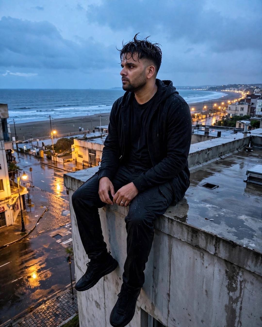 Young Indian man in all-black streetwear sitting on a rooftop ledge above a rainy coastal town at blue hour