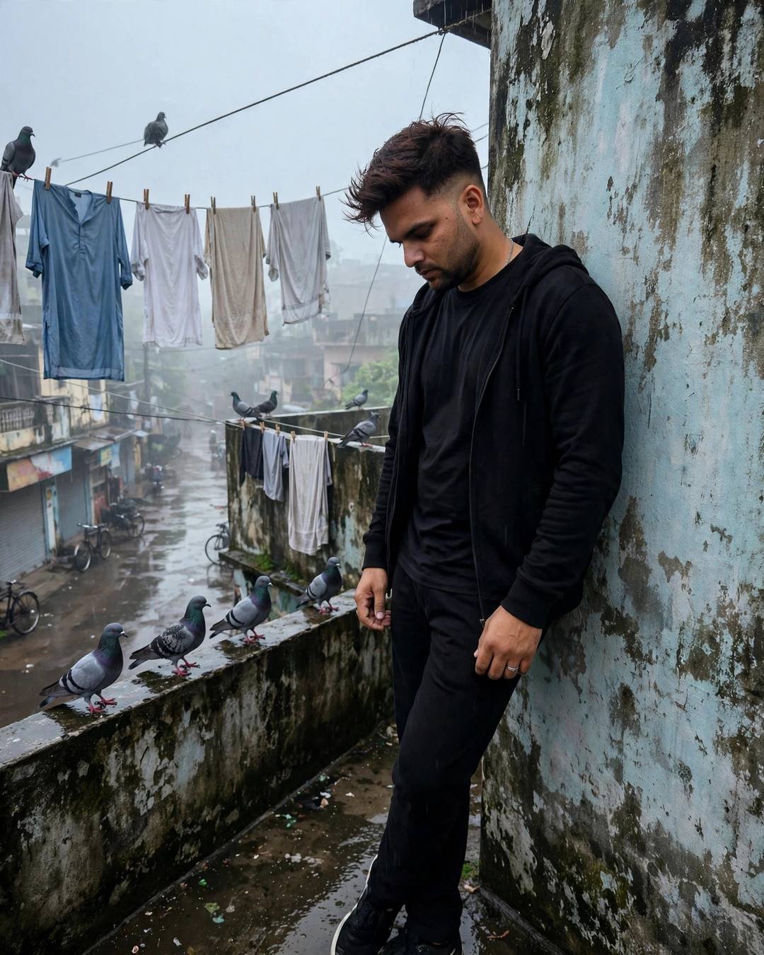 Young Indian man in black streetwear leaning against a weathered terrace wall with pigeons and drying clothes lines in the rain