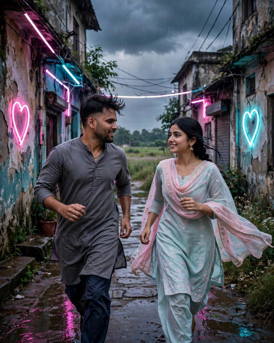 Young Indian couple in kurta and pastel salwar-kameez running hand in hand through a rainy neon-lit old-city lane