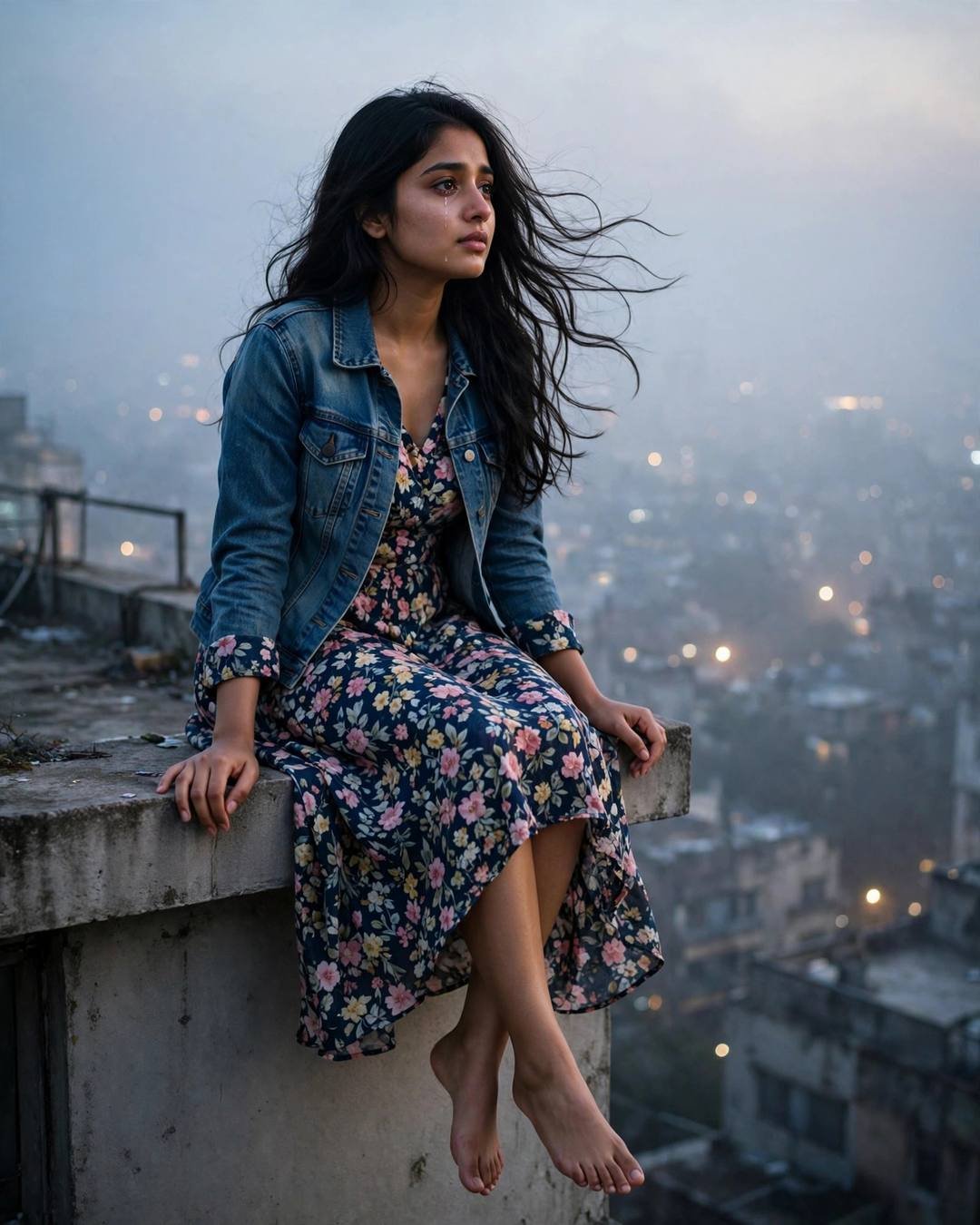 Young Indian woman in a denim jacket and floral dress sitting on a rooftop ledge above city lights, tear on her cheek
