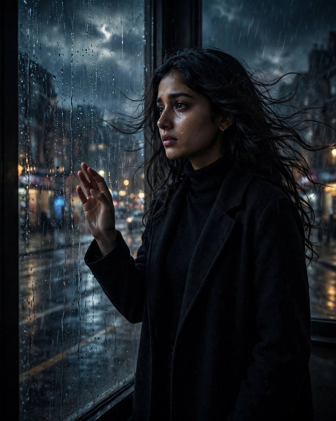 Young Indian woman in a black turtleneck and coat crying softly at a rain-streaked window under moonlit clouds