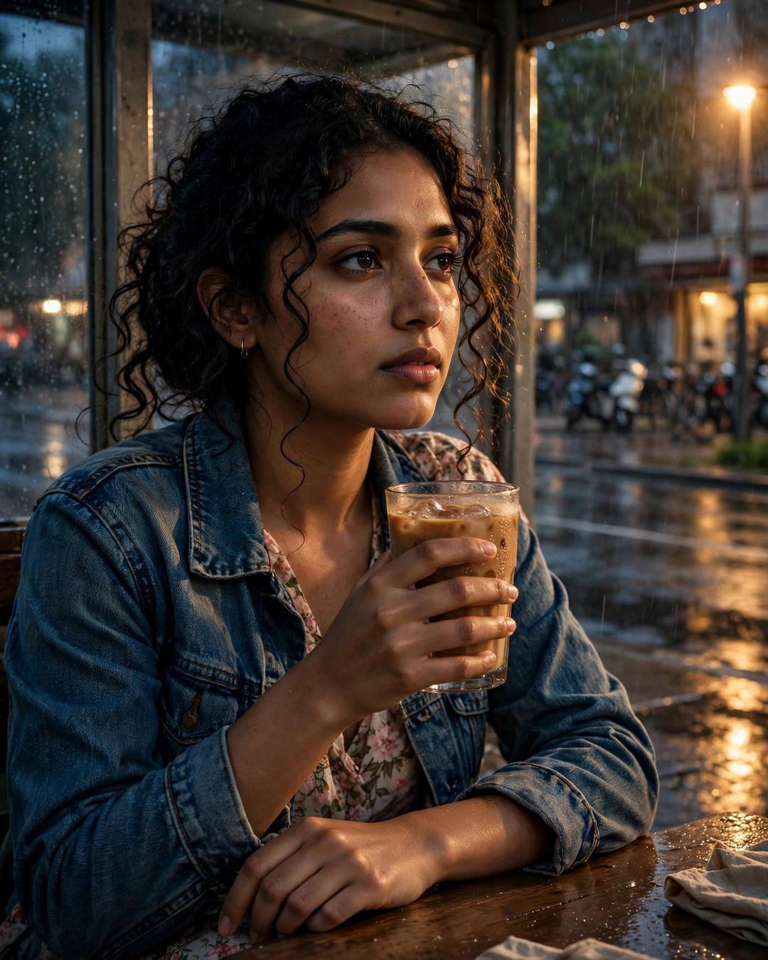 Young Indian woman in a denim jacket over a floral dress cradling a cold coffee at a rainy bus-stop cafe, lost in thought