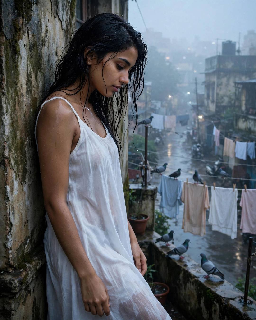 Young Indian woman in a white summer dress leaning against a weathered wall on a rainy terrace, head bowed, pigeons and clothes lines behind