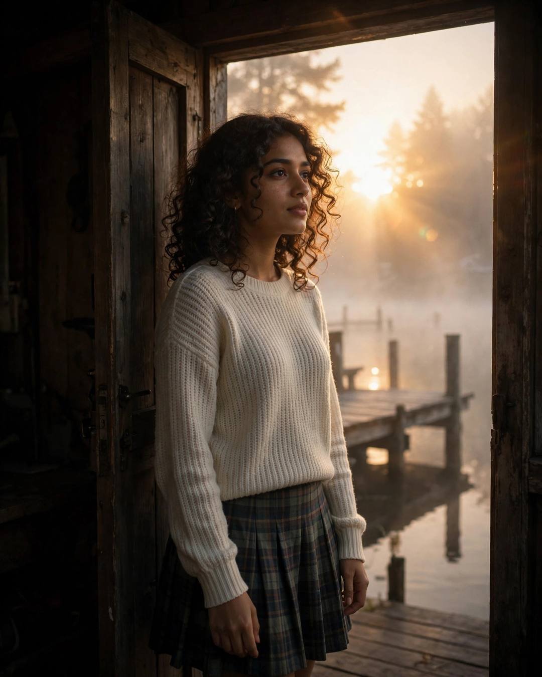 Young Indian woman standing in a shadowed doorway at a misty lake pier at dawn, cream knit top, plaid skirt, golden backlight
