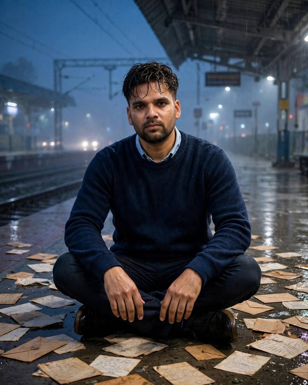 Young Indian man in navy sweater sitting cross-legged among old letters on a rainy railway platform at night