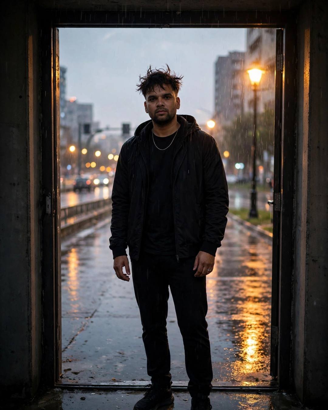 Young Indian man in all-black streetwear standing in a doorway facing a rainy street lit by sodium lamps