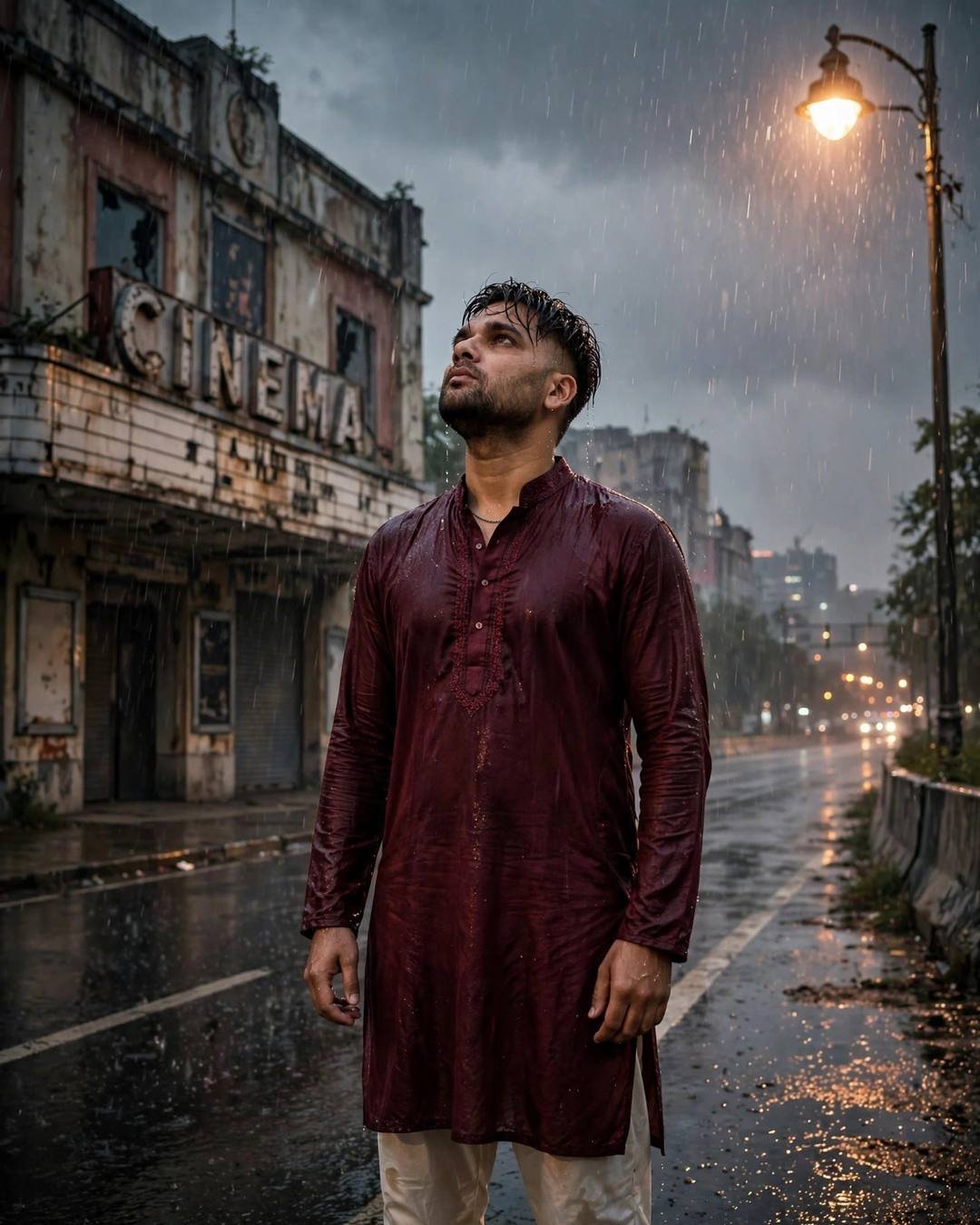 Young Indian man in maroon kurta standing under a streetlamp in heavy rain, face lifted to the sky
