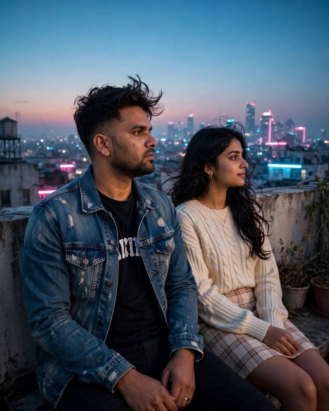 Couple sitting side by side on a rooftop at blue hour over the sleeping city, denim jacket, cream knit top, plaid skirt, neon-lit skyline