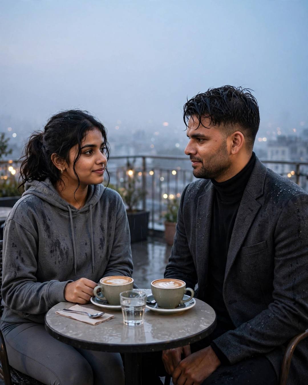 Couple across a small rooftop cafe table at blue hour in light rain, charcoal blazer, grey hoodie, two coffees, city lights behind