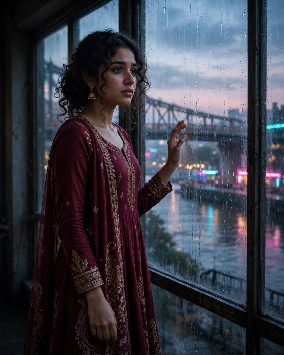 Young Indian woman in maroon anarkali with jhumkas standing at a rain-streaked window above a neon-lit river