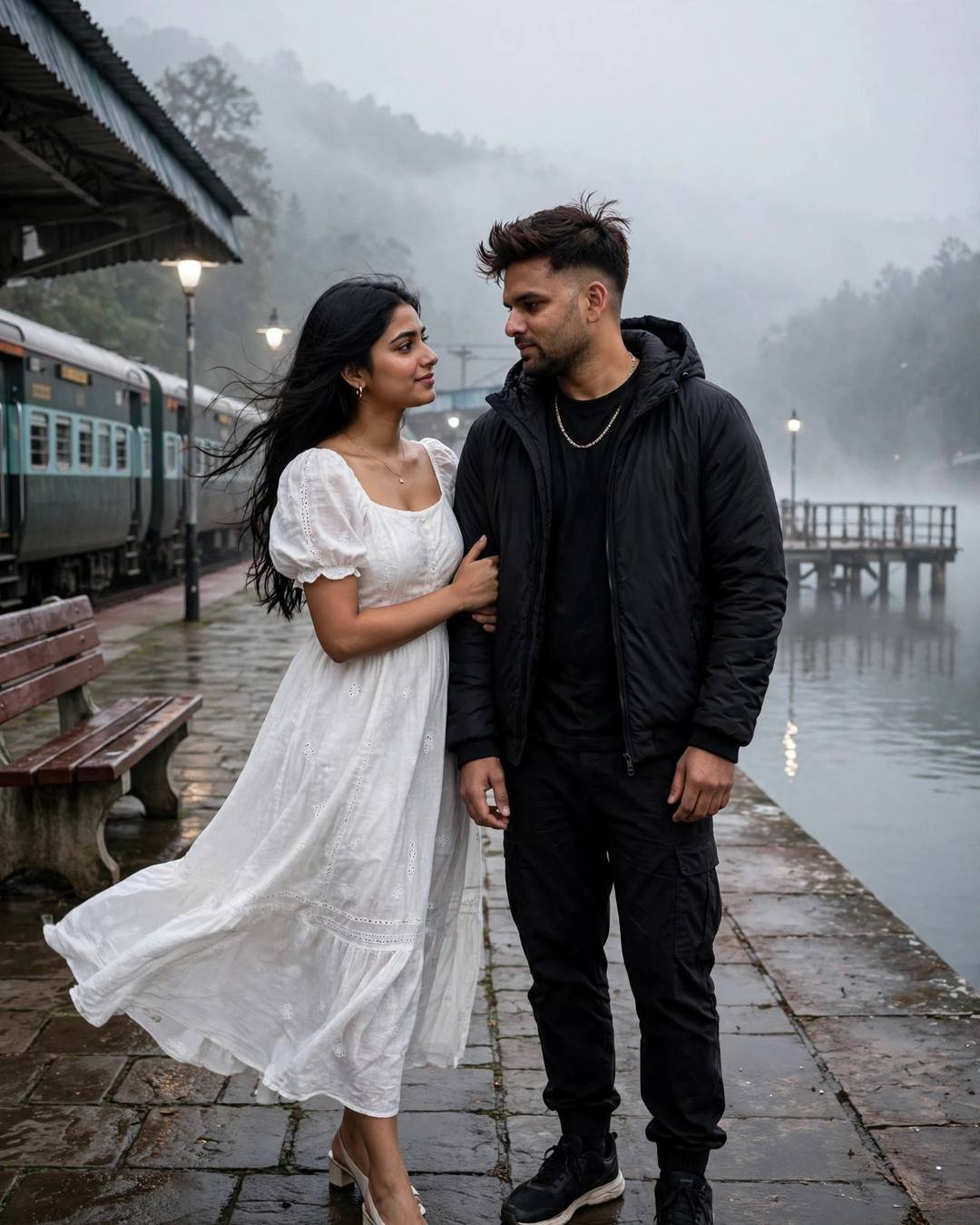 Couple in a last hug on a railway platform — all-black streetwear and flowing white dress, jacket on her shoulders