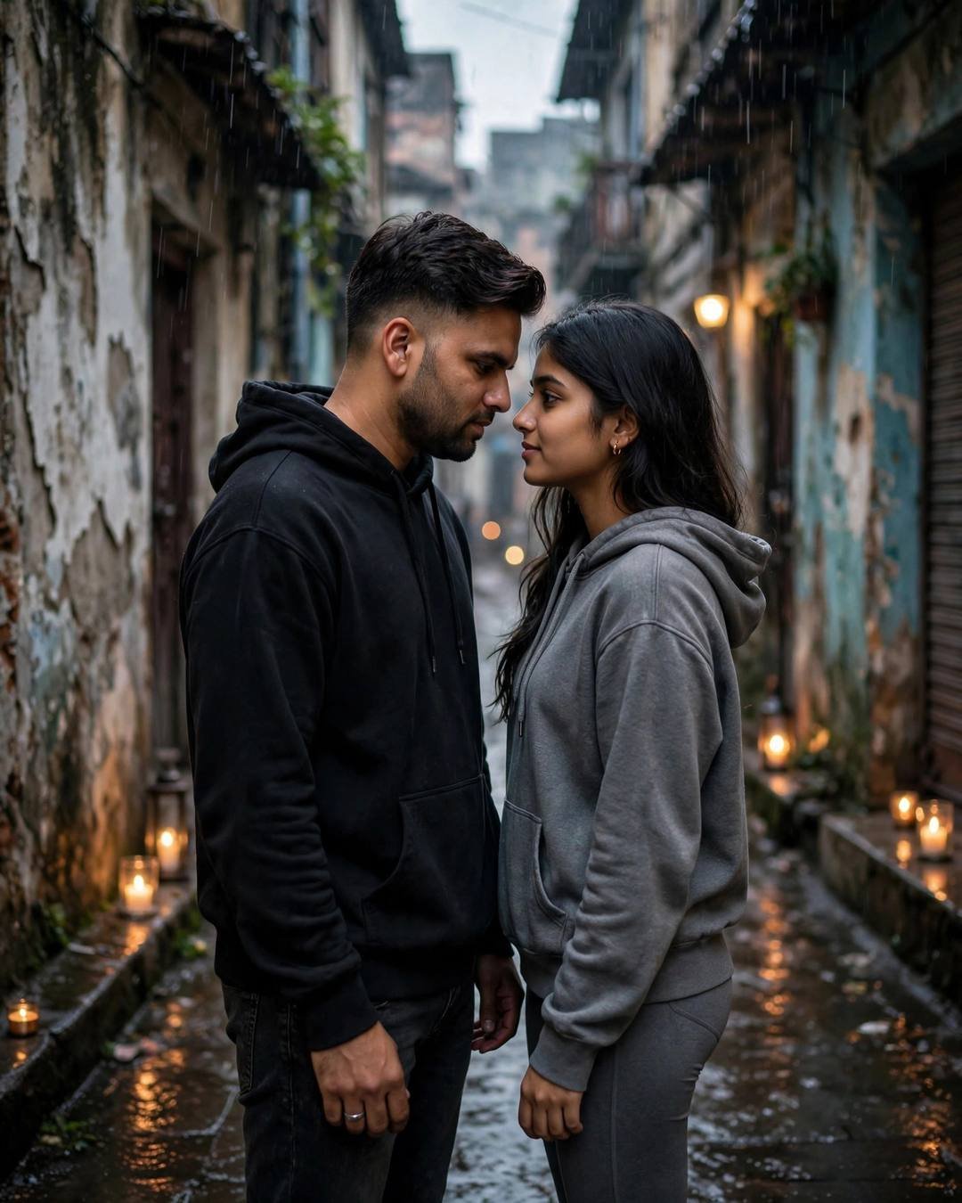 Couple face to face with foreheads almost touching in an old-city lane — black hoodie and grey hoodie