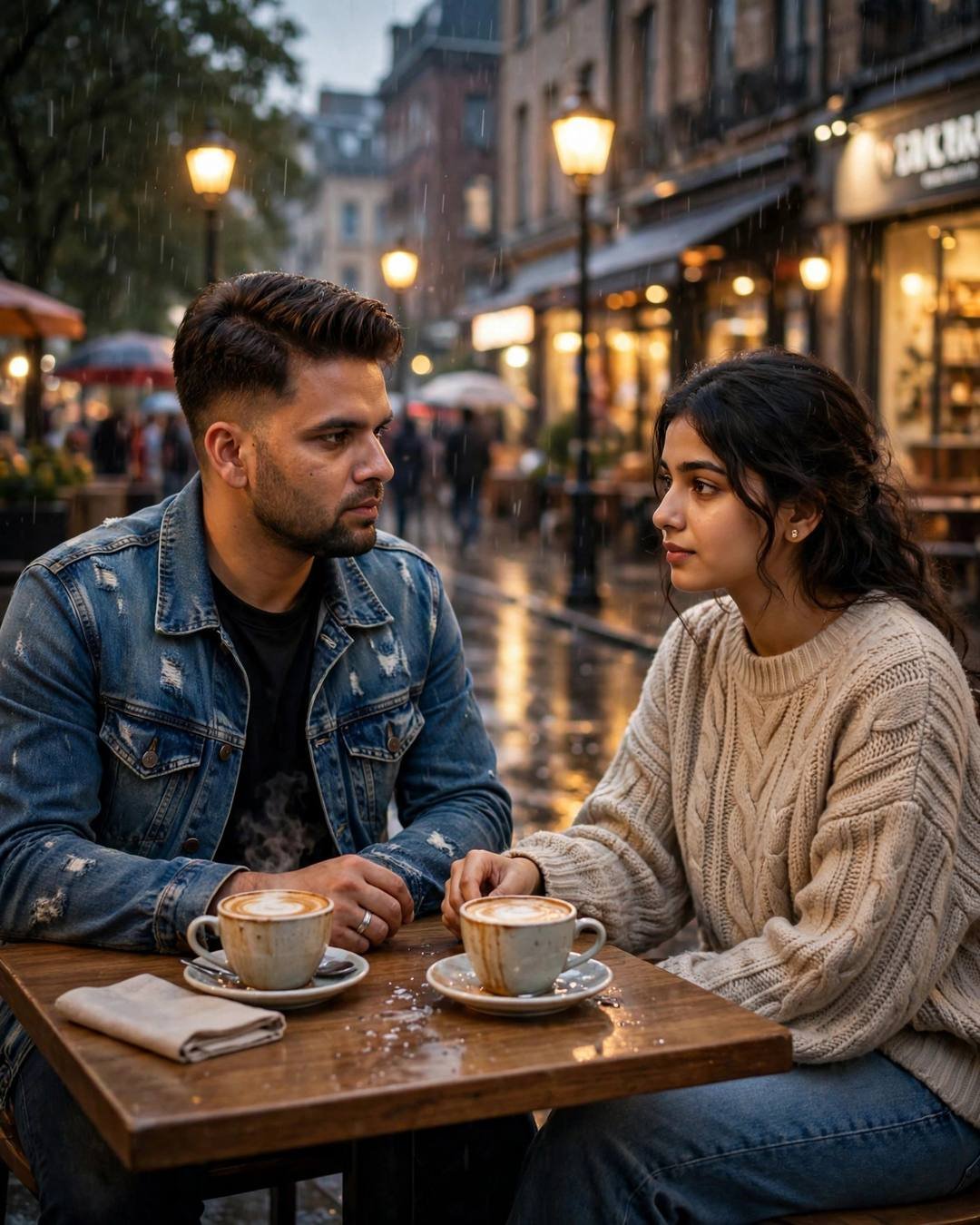 Couple across a small cafe table on a rainy street, hands almost touching over steaming cups