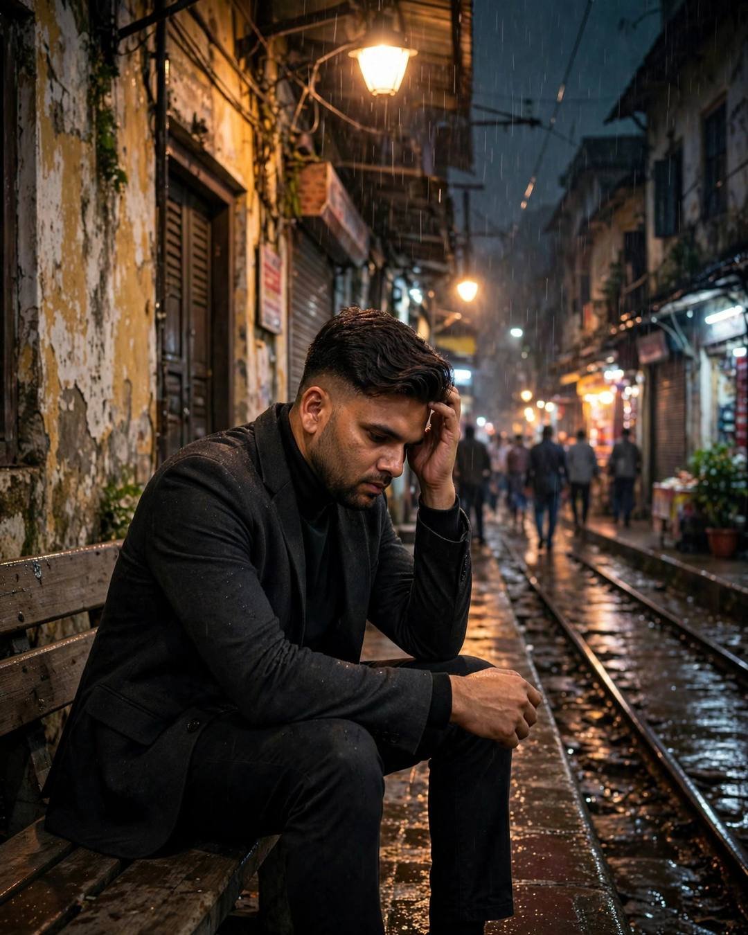 Young Indian man in charcoal blazer with head in hands on a bench in an old-city lane at midnight