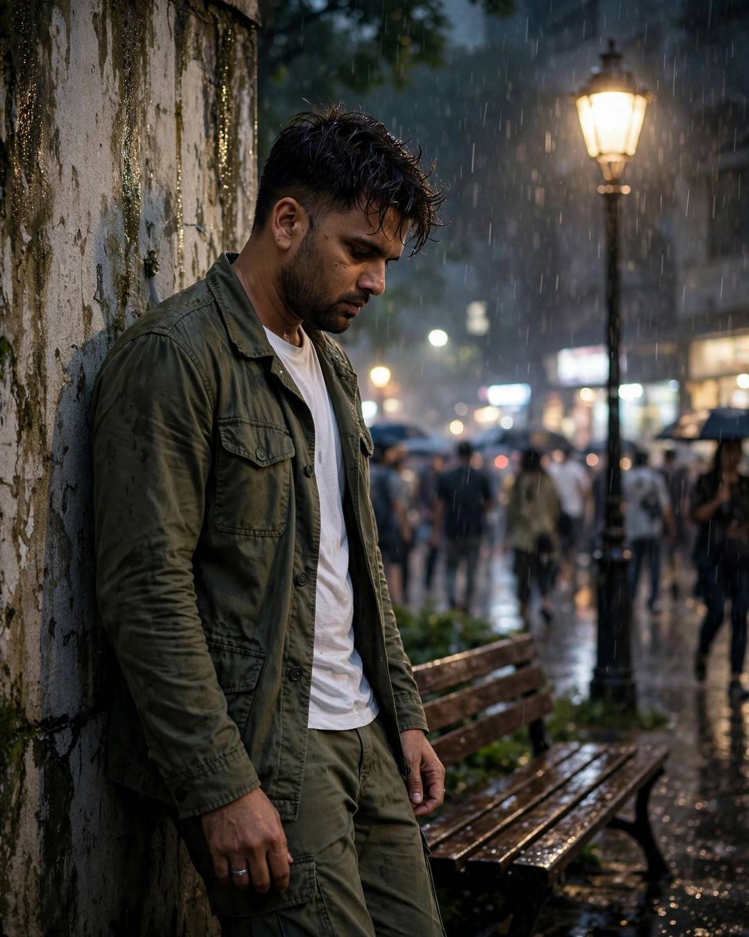 Young Indian man in olive field jacket leaning against a weathered wall in rain, head tilted down