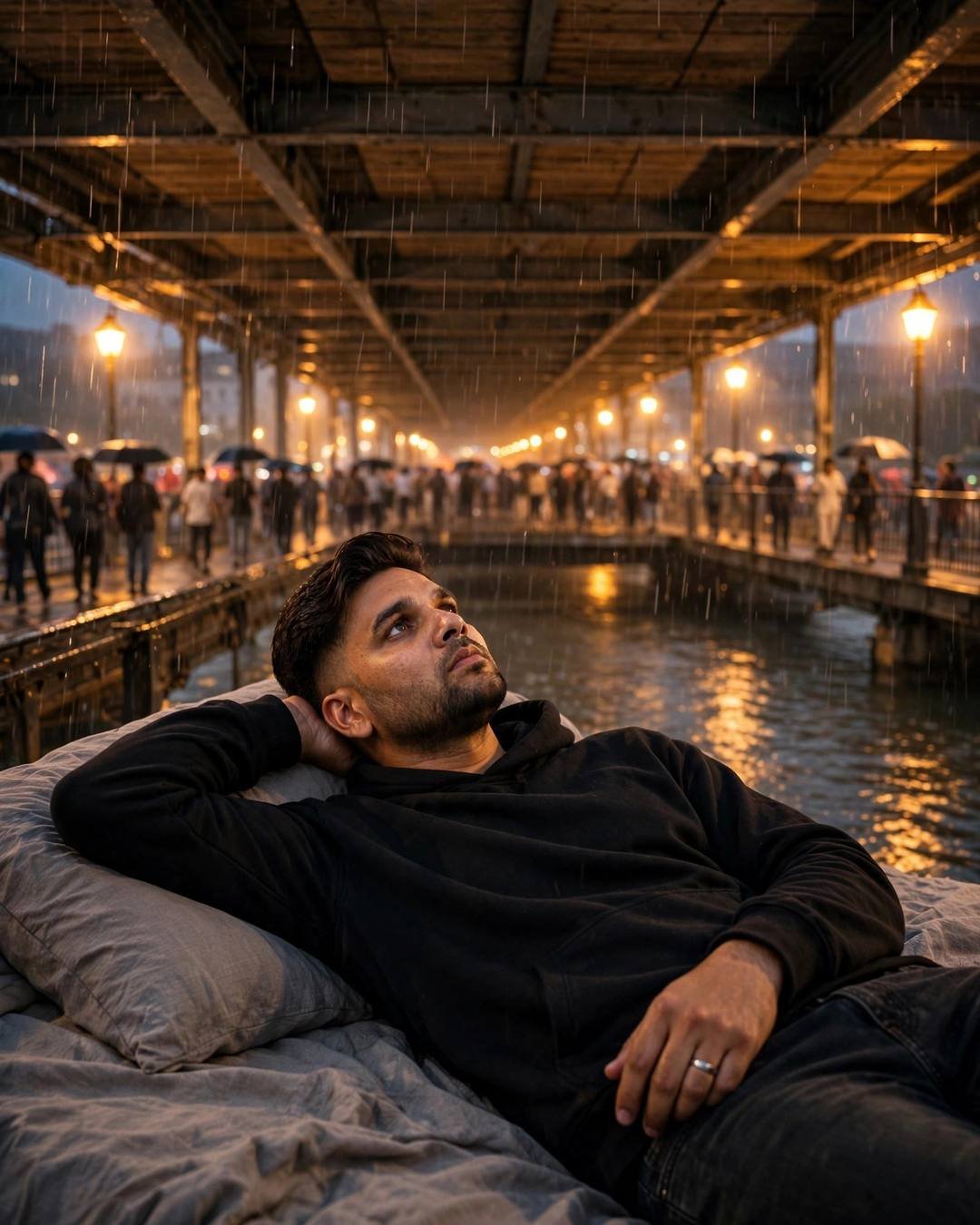 Young Indian man in black hoodie reclined on pillows under a bridge over a slow river at golden hour